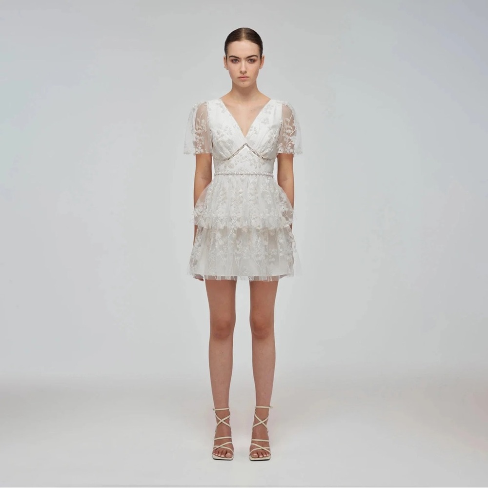 SELF PORTRAIT Ivory Blossom Sequin Two Tier Mini Dress
